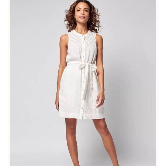 Faherty Womens‎ Bria Sleeveless Lace Trim Linen Belted Dress Cream Size Small - Picture 1 of 14